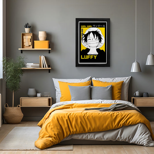 One Piece Luffy Framed Wall Art - Minimalist Black and Yellow